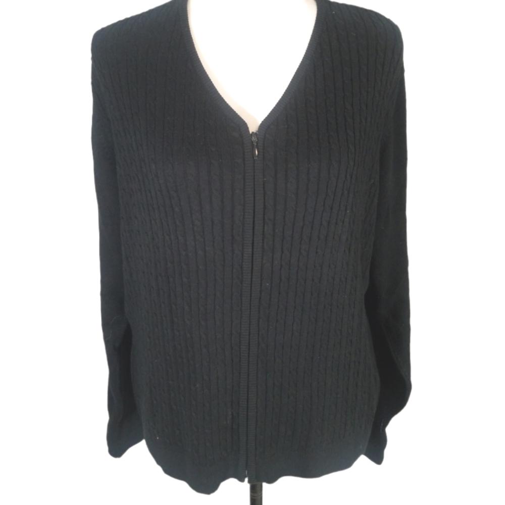 Tail Cable Knitted Black Zippered Cardigan.  L